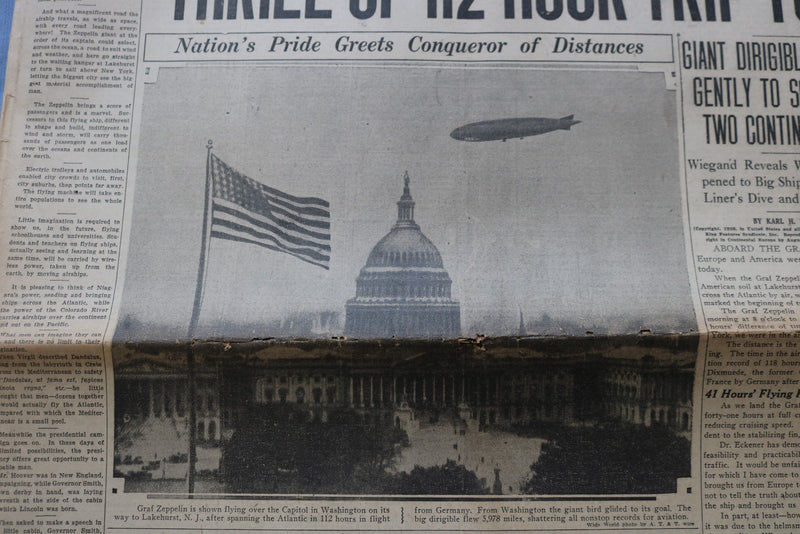 1928 OCT 16 CHICAGO HERALD EXAMINER NEWSPAPER -ZEPPELIN MOORED IN U.S. - NP 9225