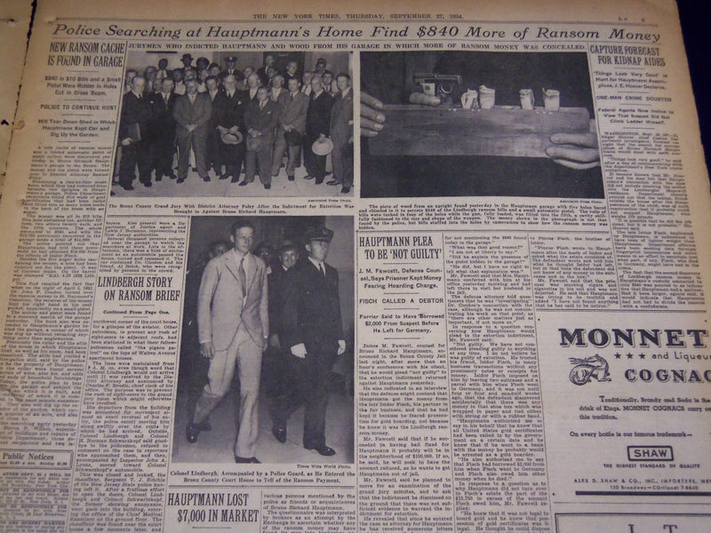 1934 SEPT 27 NEW YORK TIMES -HAUPTMANN IS INDICTED LINDBERGH TESTIFIES - NT 1614