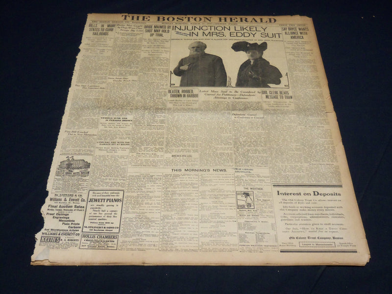 1907 MARCH 11 THE BOSTON HERALD - INJUCTION LIKELY IN MRS. EDDY SUIT - BH 386