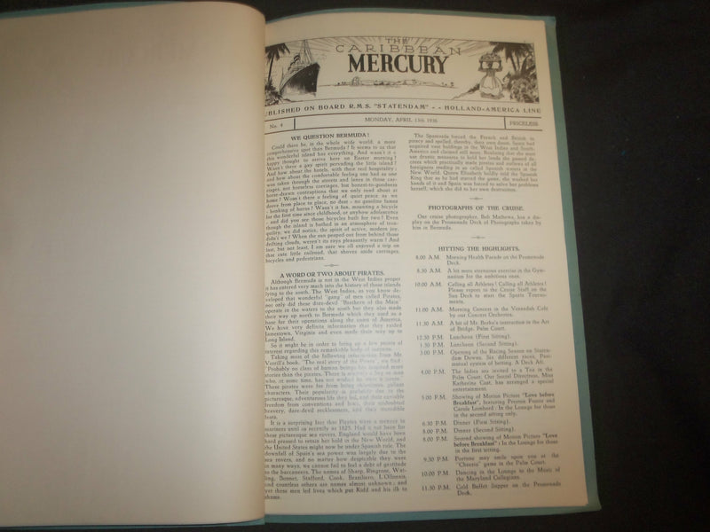 1936 THE CARIBBEAN MERCURY - R.M.S. STATENDAM PROJECT - EASTER CRUISE - J 6380