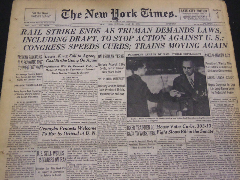 1946 MAY 26 NEW YORK TIMES - RAIL STRIKE ENDS - NT 4247