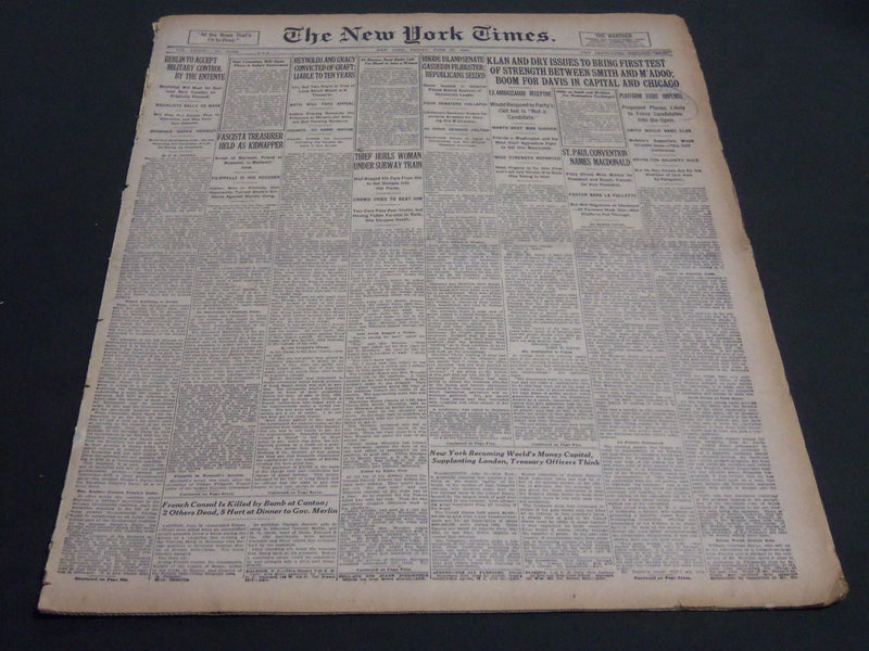 1924 JUNE 20 NEW YORK TIMES - KLAN AND DRY ISSUES TO BRING FIRST TEST - NT 6859