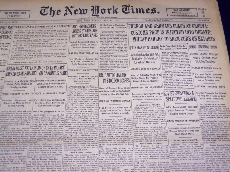 1931 MAY 17 NEW YORK TIMES - DR. PARTOS JAILED - NT 3969