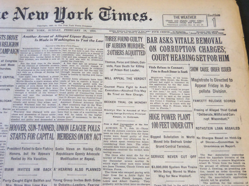 1930 FEBRUARY 16 NEW YORK TIMES - BAR ASKS VITALE REMOVAL - NT 5731
