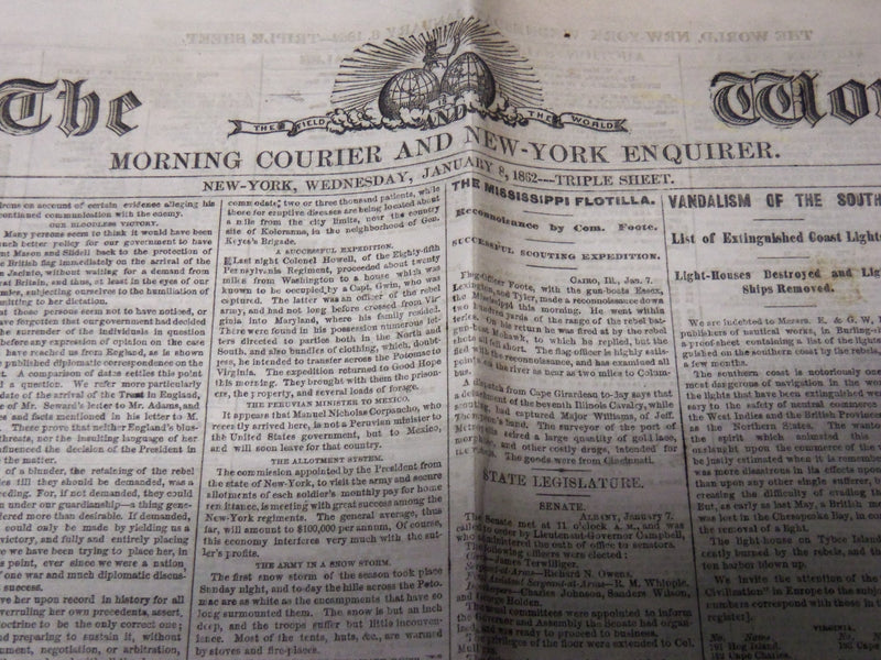 1862 JANUARY 8 THE WORLD NEWSPAPER - TRIPLE SHEET - NEW YORK - CIVIL WAR - K 62
