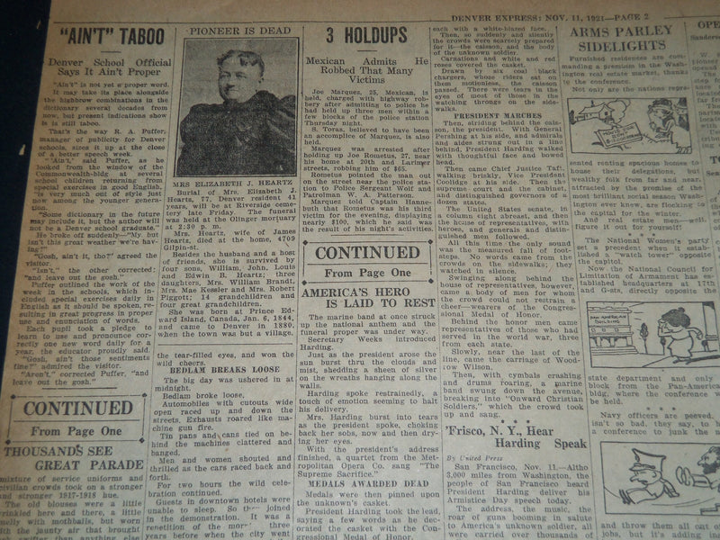 1921 NOV 11 DENVER EXPRESS NEWSPAPER - TOMB OF THE UNKNOWN SOLDIER - NT 7581