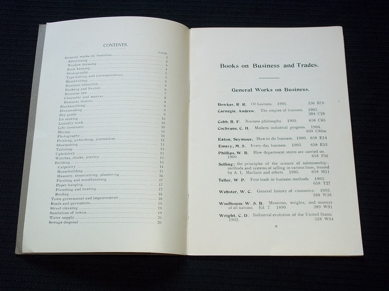 1906 BOOKS ON BUSINESS AND TRADES SOFTCOVER BOOK - CARNEGIE FREE LIBRARY- J 7179