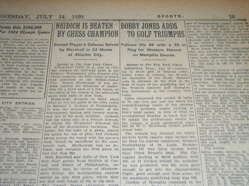 1920 JULY 14 NEW YORK TIMES - BOBBY JONES ADDS TO GULF TRIUMPHS - NT 6774