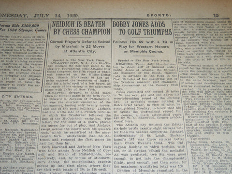 1920 JULY 14 NEW YORK TIMES - BOBBY JONES ADDS TO GULF TRIUMPHS - NT 6774
