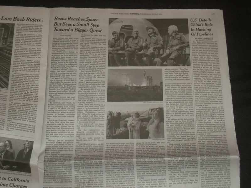 2021 JULY 21 NEW YORK TIMES - JEFF BEZOS ROCKET GOES TO EDGE OF SPACE AND BACK