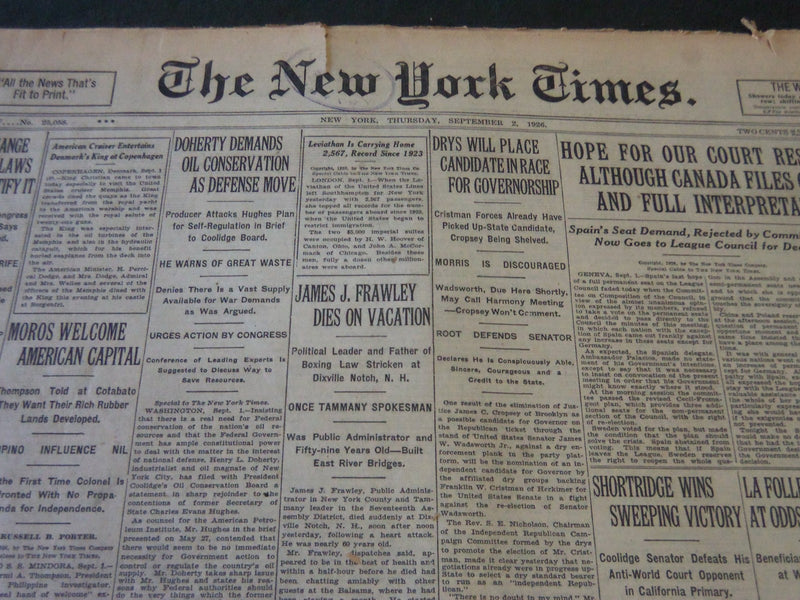 1926 SEPT 2 NEW YORK TIMES - DRYS PLACE CANDIDATE IN RACE FOR GOVERNOR - NT 5598
