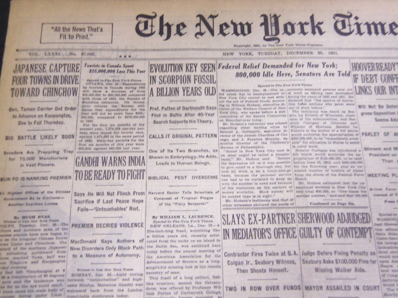 1931 DECEMBER 29 NEW YORK TIMES - SCORPIAN FOSSIL A BILLION YEARS OLD - NT 5016