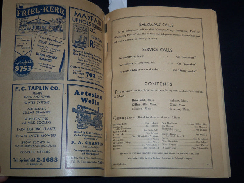1939 MARCH PALMER DISTRICT TELEPHONE DIRECTORY - MASSACHUSETTS - J 8807