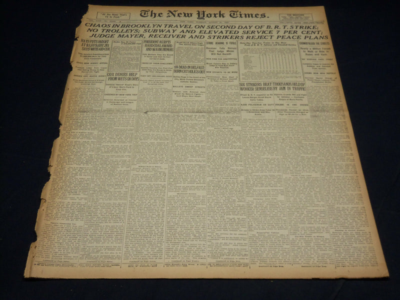 1920 AUGUST 31 NEW YORK TIMES - CHAOSIN BROOKLYN B.R.T. STRIKE - NT 8562