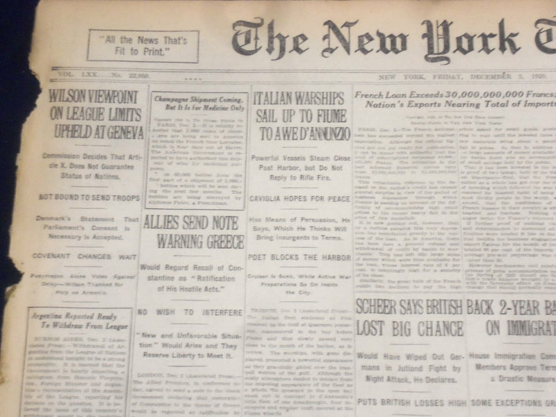 1920 DECEMBER 3 NEW YORK TIMES - ITALIAN WARSHIPS SAIL TO FIUME - NT 8473