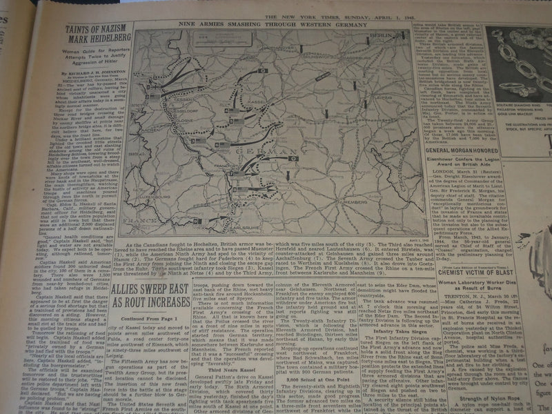 1945 APRIL 1 NEW YORK TIMES NEWSPAPER -ALLIES SWEEP IN REICH ROUT GROWS- NT 7285