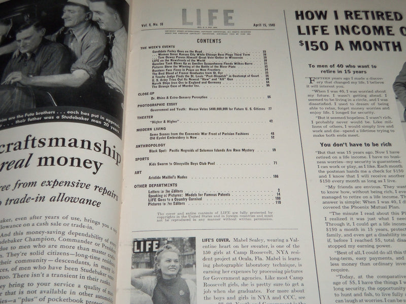 1940 APRIL 15 LIFE MAGAZINE - GOVERNMENT AND YOUTH COVER - L 178