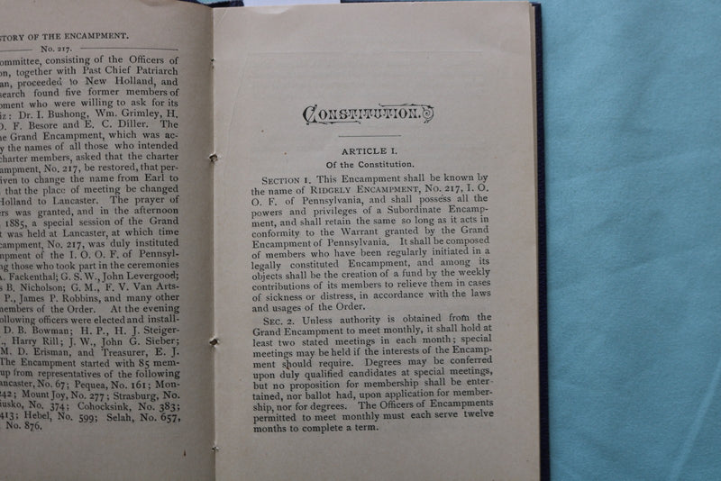 1886 RIDGELY ENCAMPMENT NO. 217, I.O.O.F. OF PA HARDCOVER BOOK - K 3340
