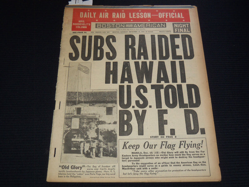 1941 DECEMBER 15 BOSTON AMERICAN NEWSPAPER - SUBS RAIDED HAWAII - NP 2151G