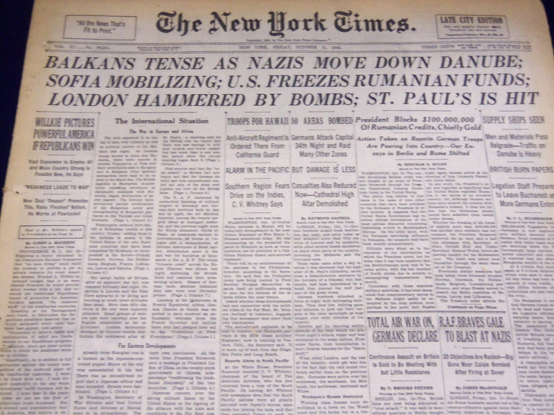 1940 OCT 11 NEW YORK TIMES - BALKANS TENSE AS NAZIS MOVE DOWN DANUBE - NT 2507