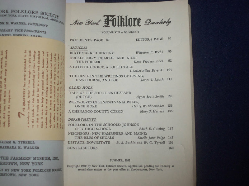 1952 NEW YORK FOLKLORE QUARTERLY - SUMMER & AUTUMN - J 6003