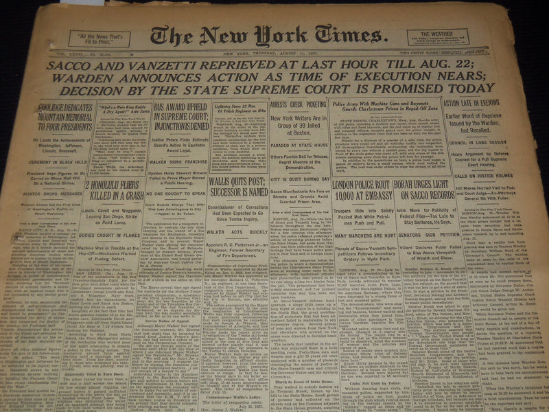 1927 AUGUST 11 NEW YORK TIMES - SACCO & VANZETTI REPRIEVED AT LAST HOUR- NT 9559
