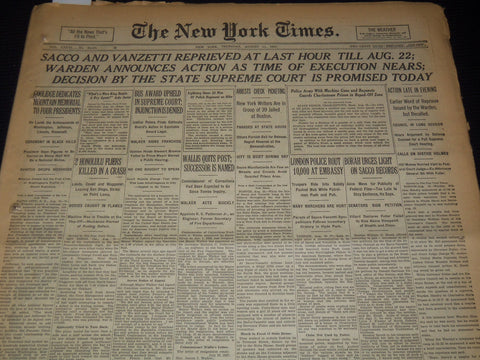 1927 AUGUST 11 NEW YORK TIMES - SACCO & VANZETTI REPRIEVED AT LAST HOUR- NT 9559