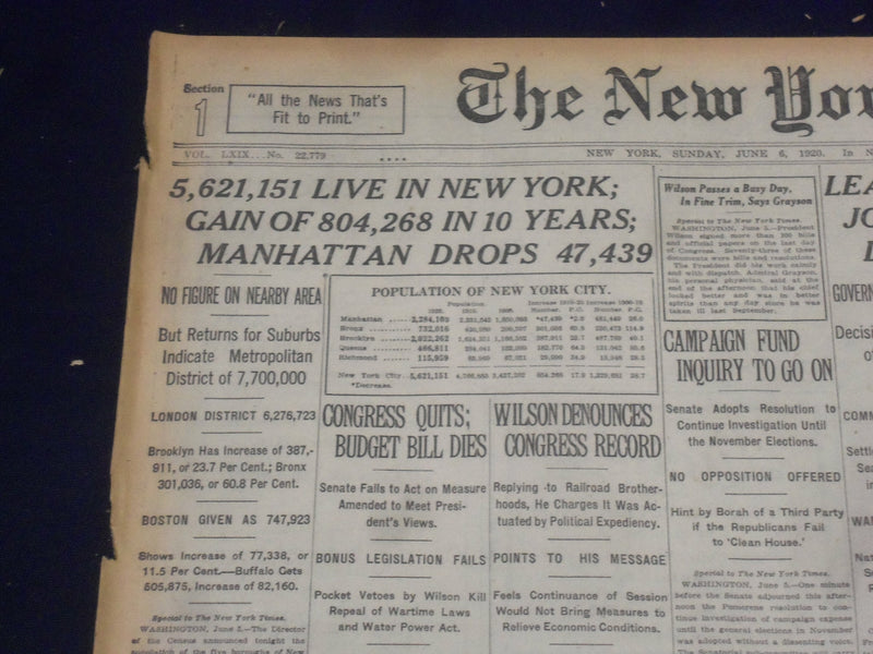 1920 JUNE 6 NEW YORK TIMES - 5,621,151 LIVE IN NEW YORK - NT 9106