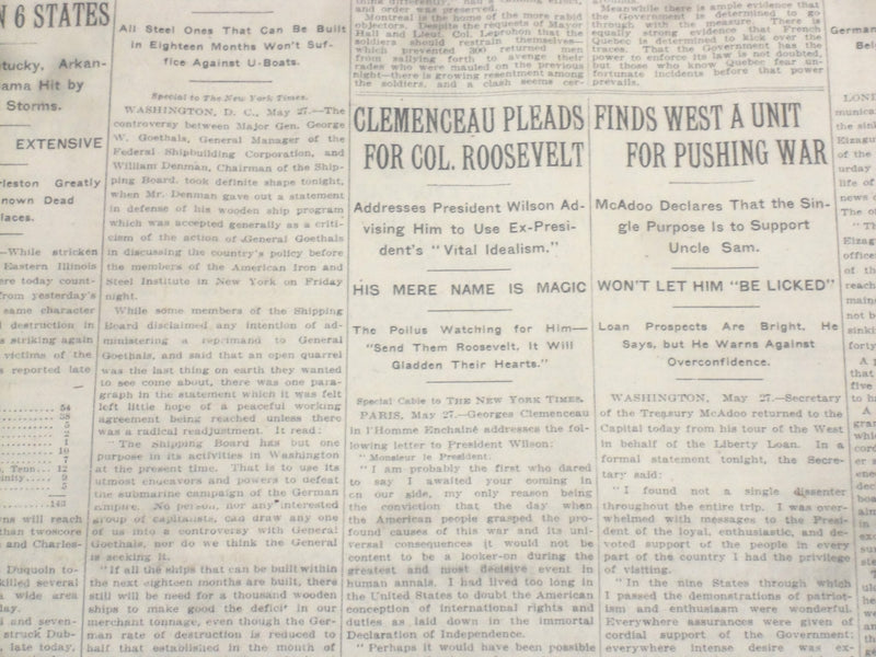 1917 MAY 28 NEW YORK TIMES - CLEMENCEAU PLEADS FOR COL. ROOSEVELT - NT 9145