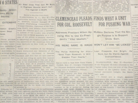 1917 MAY 28 NEW YORK TIMES - CLEMENCEAU PLEADS FOR COL. ROOSEVELT - NT 9145