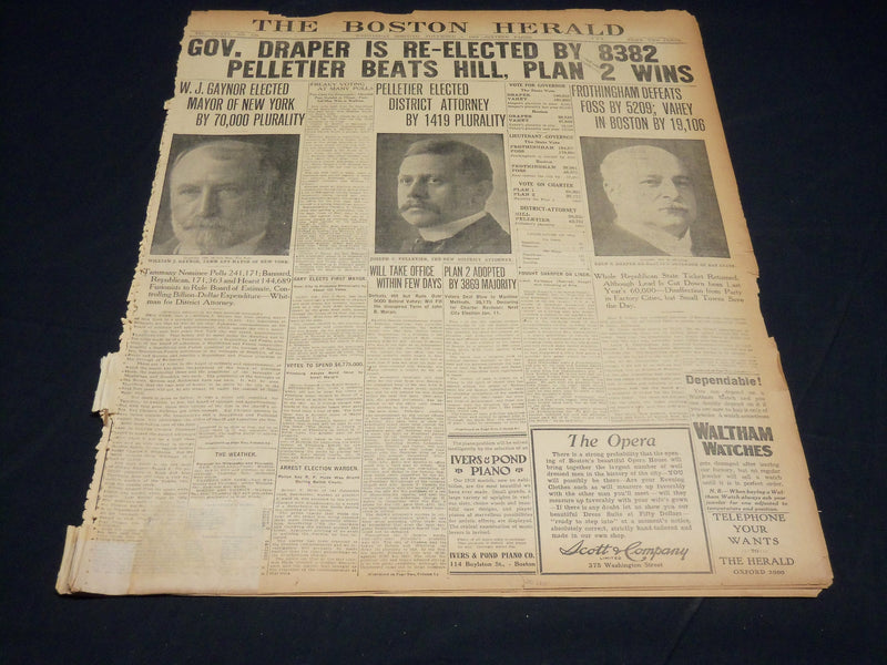 1909 NOVEMBER 3 THE BOSTON HERALD - GOV. DRAPER RE-ELECTED W. J. GAYNOR - BH 393