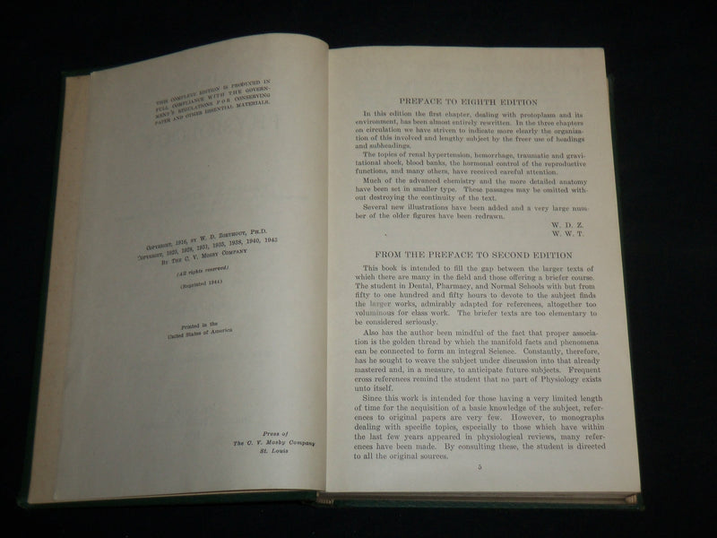 1943 TEXTBOOK OF PHYSIOLOGY HARDCOVER BOOK BY ZOETHOUT & TUTTLE - KD 7208