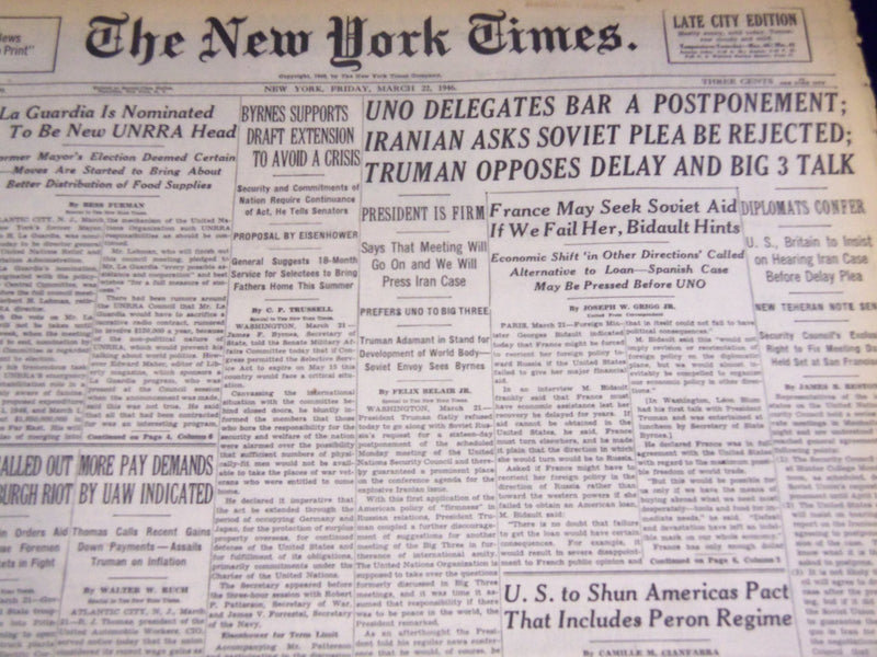 1946 MARCH 22 NEW YORK TIMES - TRUMAN OPPOSES DELAY AND BIG 3 TALK - NT 2255