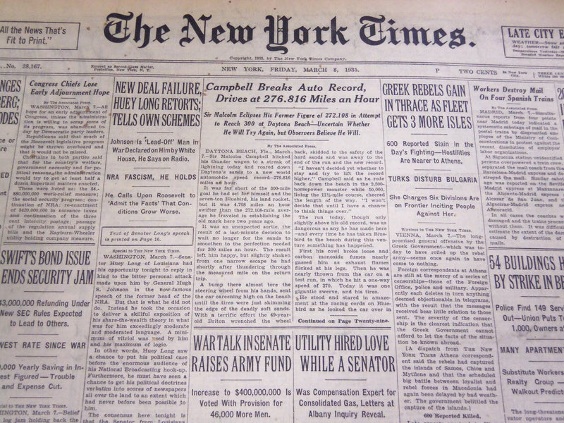 1935 MARCH 8 NEW YORK TIMES - CAMPBELL BREAKS AUTO RECORD - NT 4887