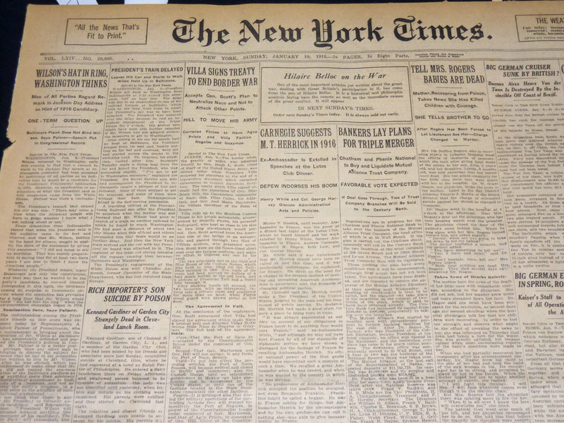 1915 JANUARY 10 NEW YORK TIMES - WILSON'S HAT IN RING - NT 7820