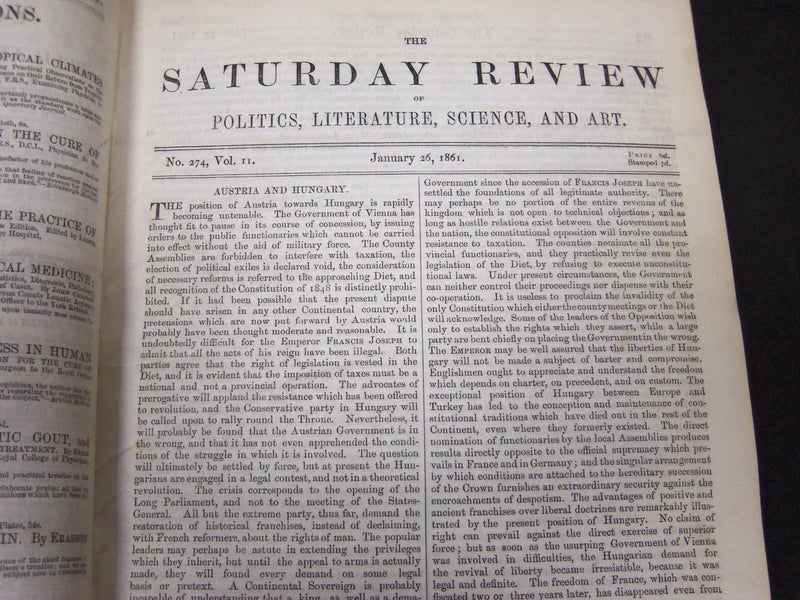 1861 SATURDAY REVIEW 2 BOUND VOLUMES - COMPLETE YR- PUBLISHED IN LONDON - R 1080