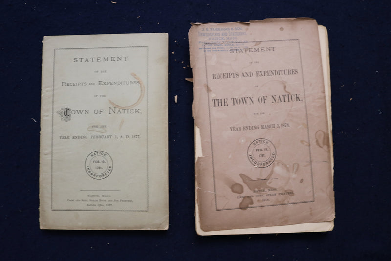 1859-1889 TOWN OF NATICK RECEIPTS AND EXPENDITURE REPORTS - LOT OF 24 - O 3393