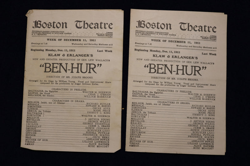 1911 DECEMBER 11 BEH-HUR PROGRAM - BOSTON THEATRE - LOT OF 2 - K 1649