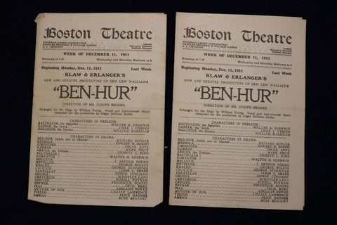1911 DECEMBER 11 BEH-HUR PROGRAM - BOSTON THEATRE - LOT OF 2 - K 1649