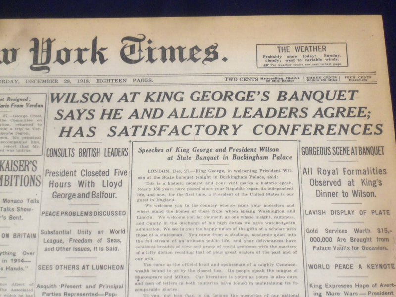 1918 DECEMBER 28 NEW YORK TIMES - WILSON AT KING GEORGE'S BANQUET - NT 9173