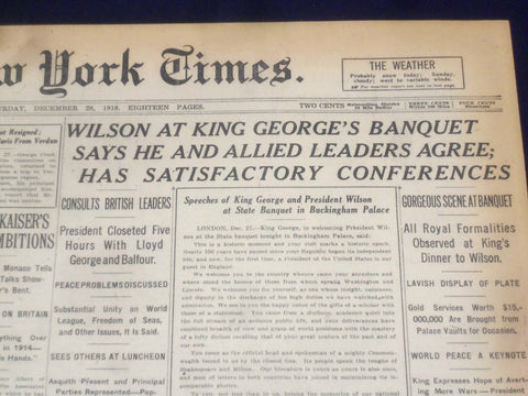 1918 DECEMBER 28 NEW YORK TIMES - WILSON AT KING GEORGE'S BANQUET - NT 9173