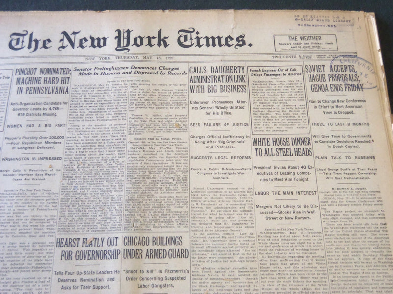 1922 MAY 18 NEW YORK TIMES - SOVIET ACCEPTS HAGUE PROPOSALS - NT 5797