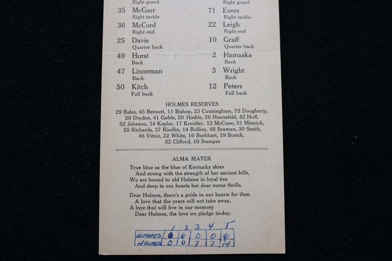 1945 OCTOBER 12 HOLMES V. HUGHES FOOTBALL LINEUP CARD - K 2847