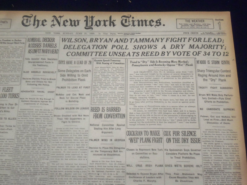 1920 JUNE 27 NEW YORK TIMES - WILSON, BRYAN AND TAMMANY FIGHT FOR LEAD - NT 9119
