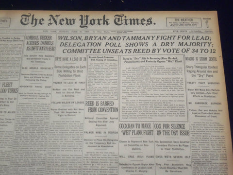 1920 JUNE 27 NEW YORK TIMES - WILSON, BRYAN AND TAMMANY FIGHT FOR LEAD - NT 9119