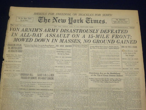 1918 APRIL 30 NEW YORK TIMES - VON ARNIM'S ARMY DISASTROUSLY DEFEATED - NT 8212
