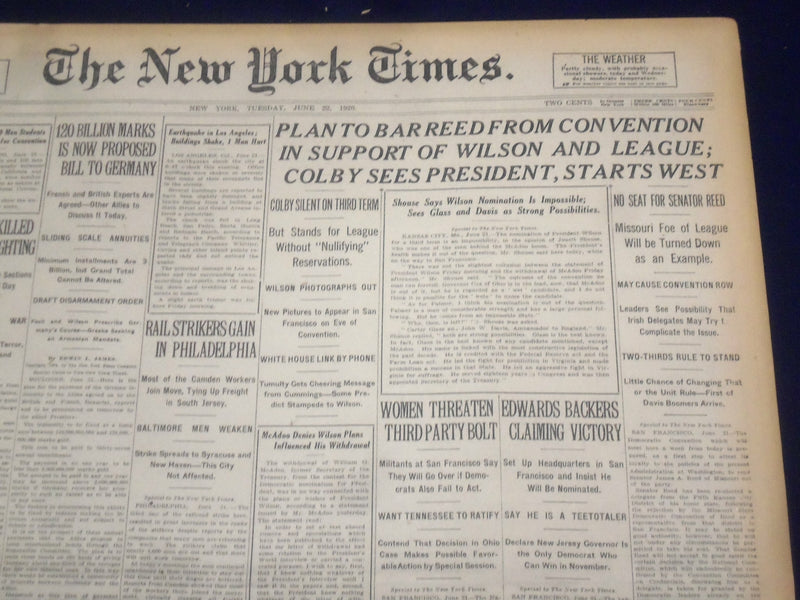 1920 JUNE 22 NEW YORK TIMES - PLAN TO BAR REED FROM CONVENTION - NT 9124