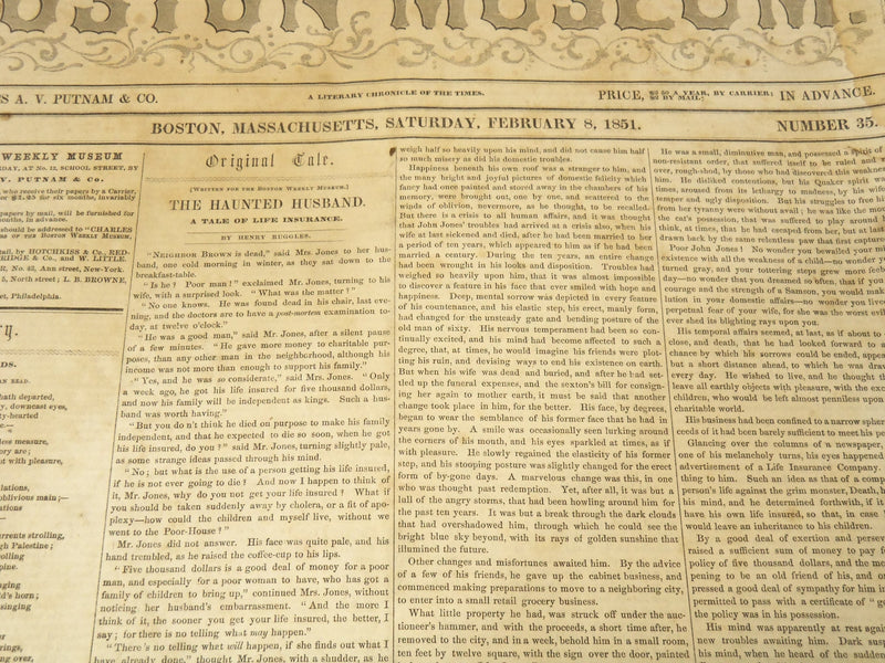 1851 FEB 8 BOSTON MUSEUM NEWSPAPER - THOMAS BUCHANAN READ - TENNYSON - NP 9034