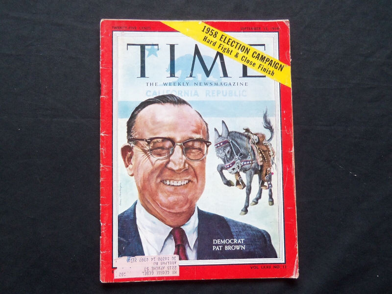 1958 SEPTEMBER 15 TIME MAGAZINE - DEMOCRAT PAT BROWN - T 1655