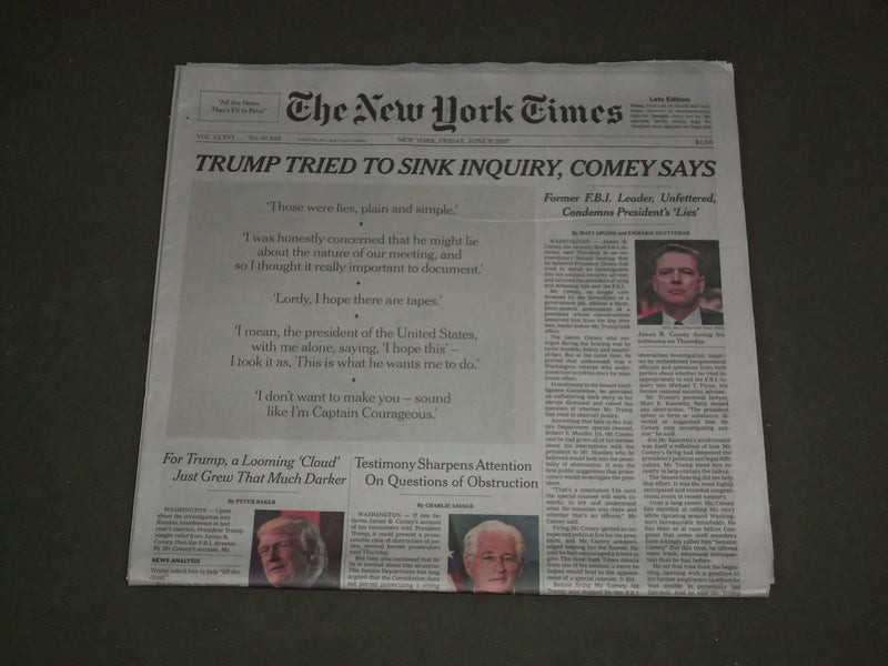 2017 JUNE 9 NEW YORK TIMES - TRUMP TRIED TO SINK INQUIRY, JAMES COMEY SAYS